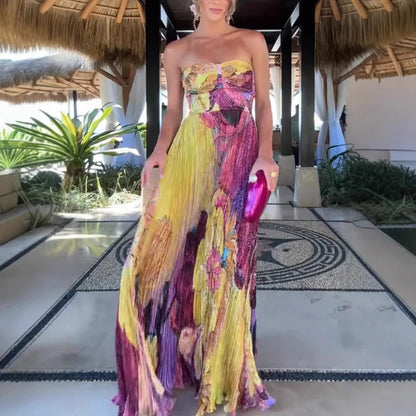 Elegant Printed Long Party Dress Women Strapless Sleeveless Backless Slim Sling Pleated Dresses 2025 Summer Lady Party Robes New