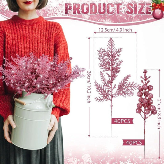 5/10 Stück rosa Glitzer künstliche Beeren Stielstrauß Kiefer Weihnachtsdekoration Picks für Weihnachtsbaumschmuck DIY Kranz Girlande