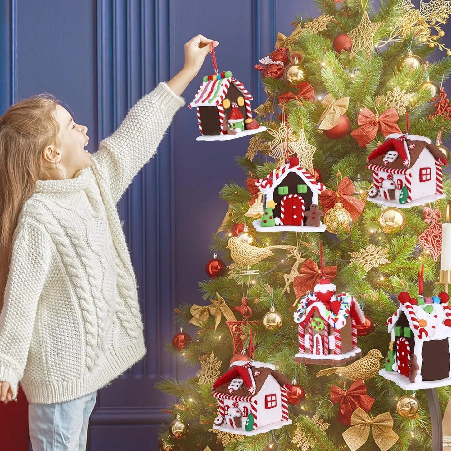 5 Stück Haus-Ornamente Set – Lebkuchenhaus Weihnachtsbaum Ornament mit Aufhängeband – Festliche Urlaub Weihnachtsdekoration