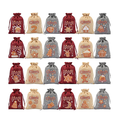 Weihnachts-Adventskalender-Taschen, 24-Tage-Countdown-Set, Süßigkeitentaschen mit Kordelzug, Geschenktüten zum Aufhängen für Party und Heimdekoration