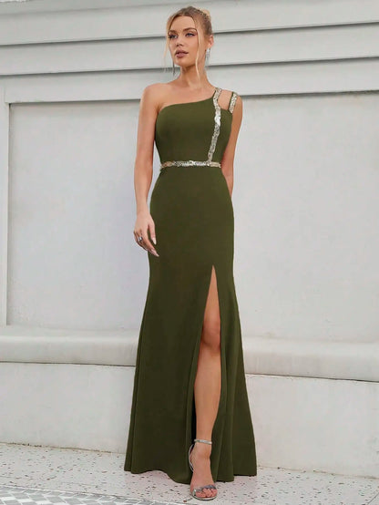 Mgiacy Sequin ribbon slit backless elegant evening gown Ball dress Party dress Bridesmaid dress