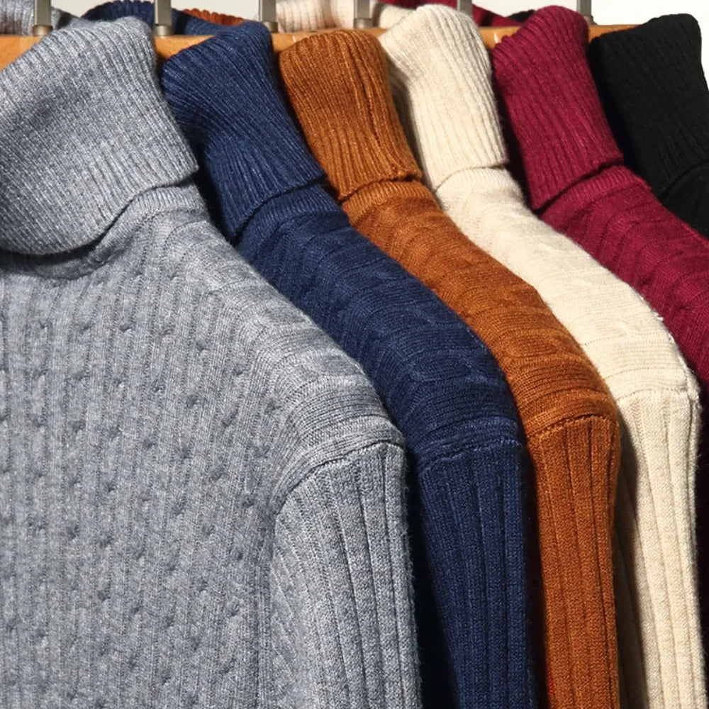 New Men's Turtleneck Sweaters Autumn Knitted Striped Streetwear Warm Long Sleeved Pullover Solid Color Basic Style Casual Tops