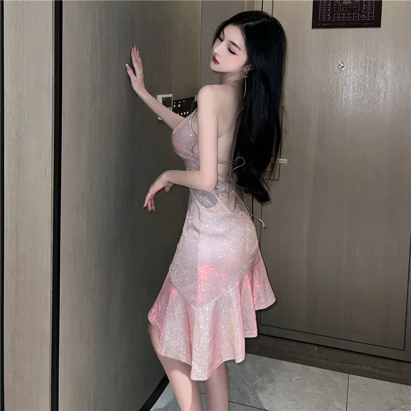 Biyaby Sexy Women Golden Mermaid Dresses Summer Spaghetti Strap Strapless Dress Woman Elastic Solid Color Bandage Vestidos Lady