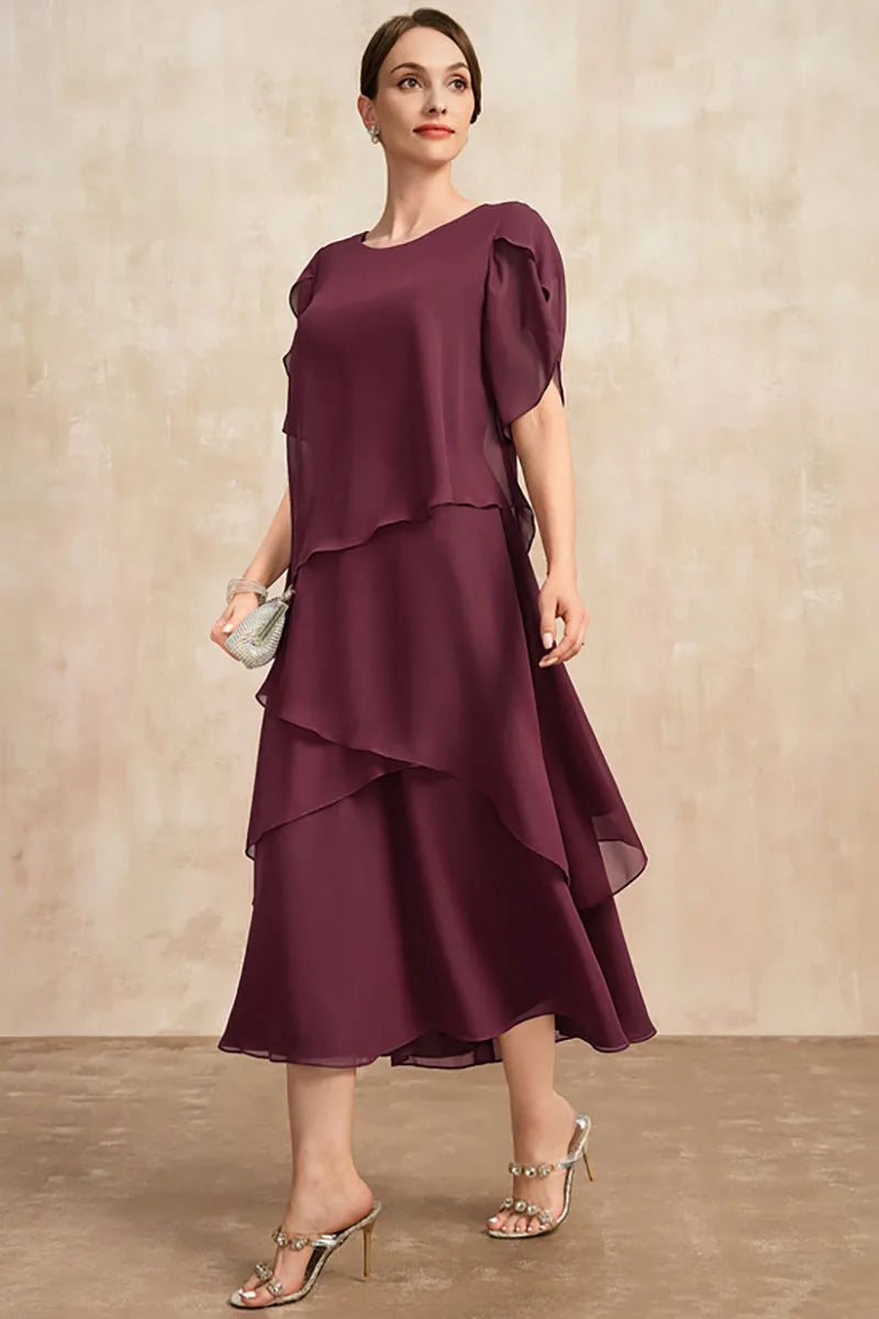 Women Plus Size Chiffon Dress Short Sleeve Elegant O-Neck Solid Party Irregular Layered Petal Sleeve Summer Fashion Maxi Dress