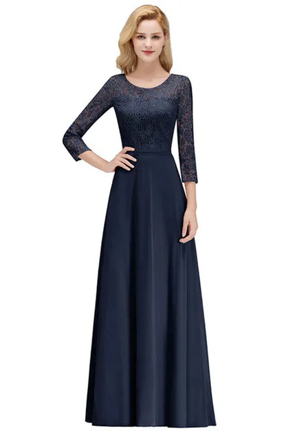 Women 3/4 Long Sleeve Evening Dresses Sexy Illusion Floral Lace O-Neck Sashes Prom Gown Chiffon A-Line Maxi Formal Party Vestido