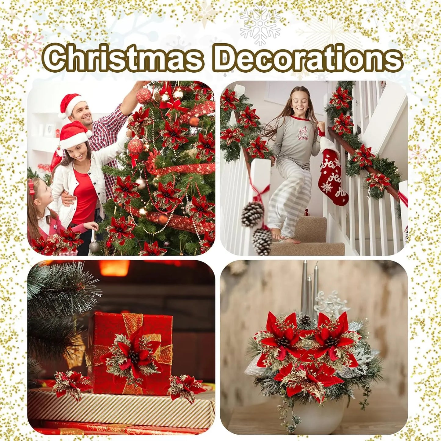 Künstliche Glitzer-Weihnachtsdekoration – Blumen für Weihnachtsbaumschmuck – Gefälschte Blumen – Neujahrs- & Partydekoration – Heimdekoration Weihnachten