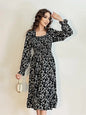 Autumn Spring Casual Dress Women Chiffon Dresses Long Sleeve A-line Printed Floral Elastic Chest Lace Up Midi Dresses Vestidos