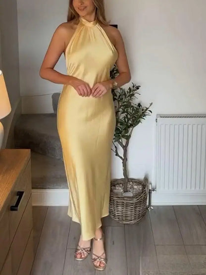 KONDALA Sexy Chic Yellow Women Dress Solid Halter Sleeveless Backless Lace-up Long Vestidos New Fashion 2025 Evening Club Dress