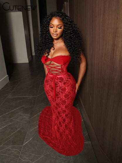 Nibber Lace Sexy Women Maxi Dress Stunning Coquette See Through Patchwork Drawstring Strapless Bodycon Mujer Midnight Club Robe