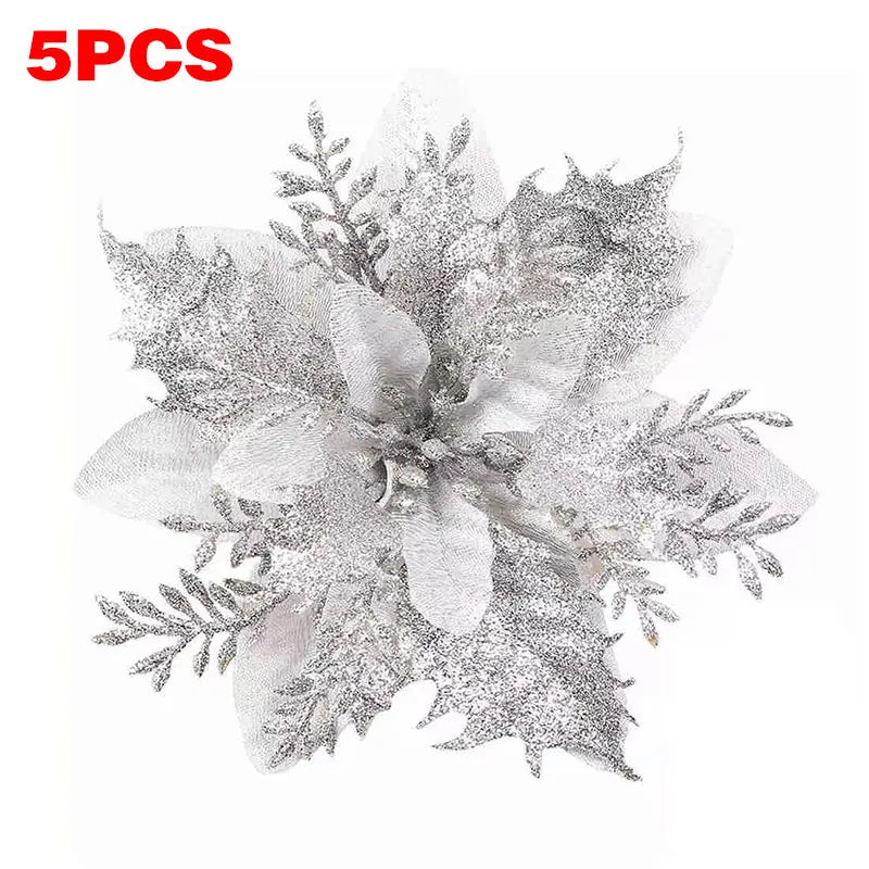 Künstliche Glitzer-Weihnachtsdekoration – Blumen für Weihnachtsbaumschmuck – Gefälschte Blumen – Neujahrs- & Partydekoration – Heimdekoration Weihnachten
