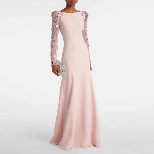 Luxury Evening Dresses for Women Boat Neck Illusion Sequined Full Sleeves Evening Gowns Mermaid/Trumpet Pink Wedding Guest Dress