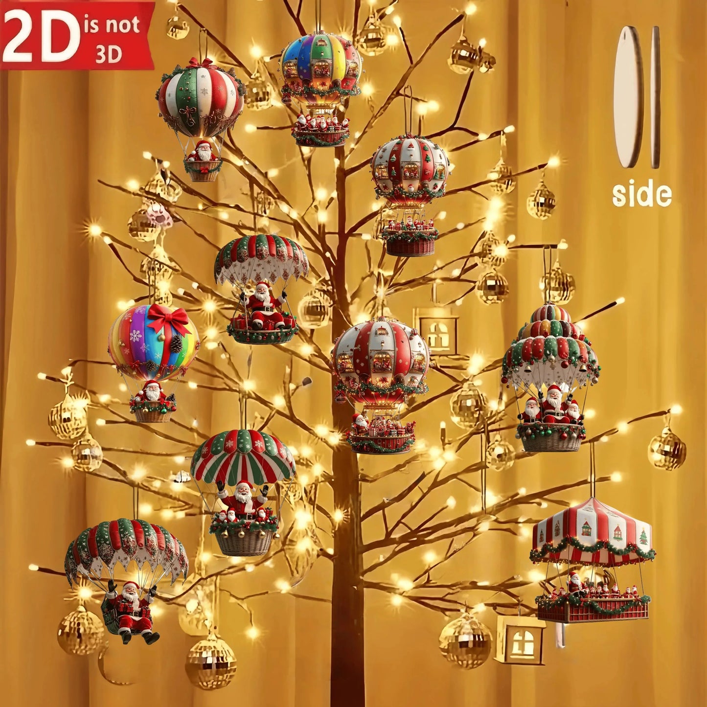 10 Stück Weihnachts-Heißluftballon Holzanhänger – 2D flache Weihnachtsmann-Dekoration, Weihnachtsbaum-Ornamente, perfekte Geschenke für die Feiertage