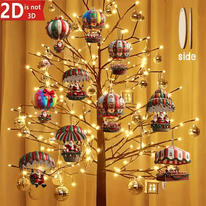 10 Stück Weihnachts-Heißluftballon Holzanhänger – 2D flache Weihnachtsmann-Dekoration, Weihnachtsbaum-Ornamente, perfekte Geschenke für die Feiertage