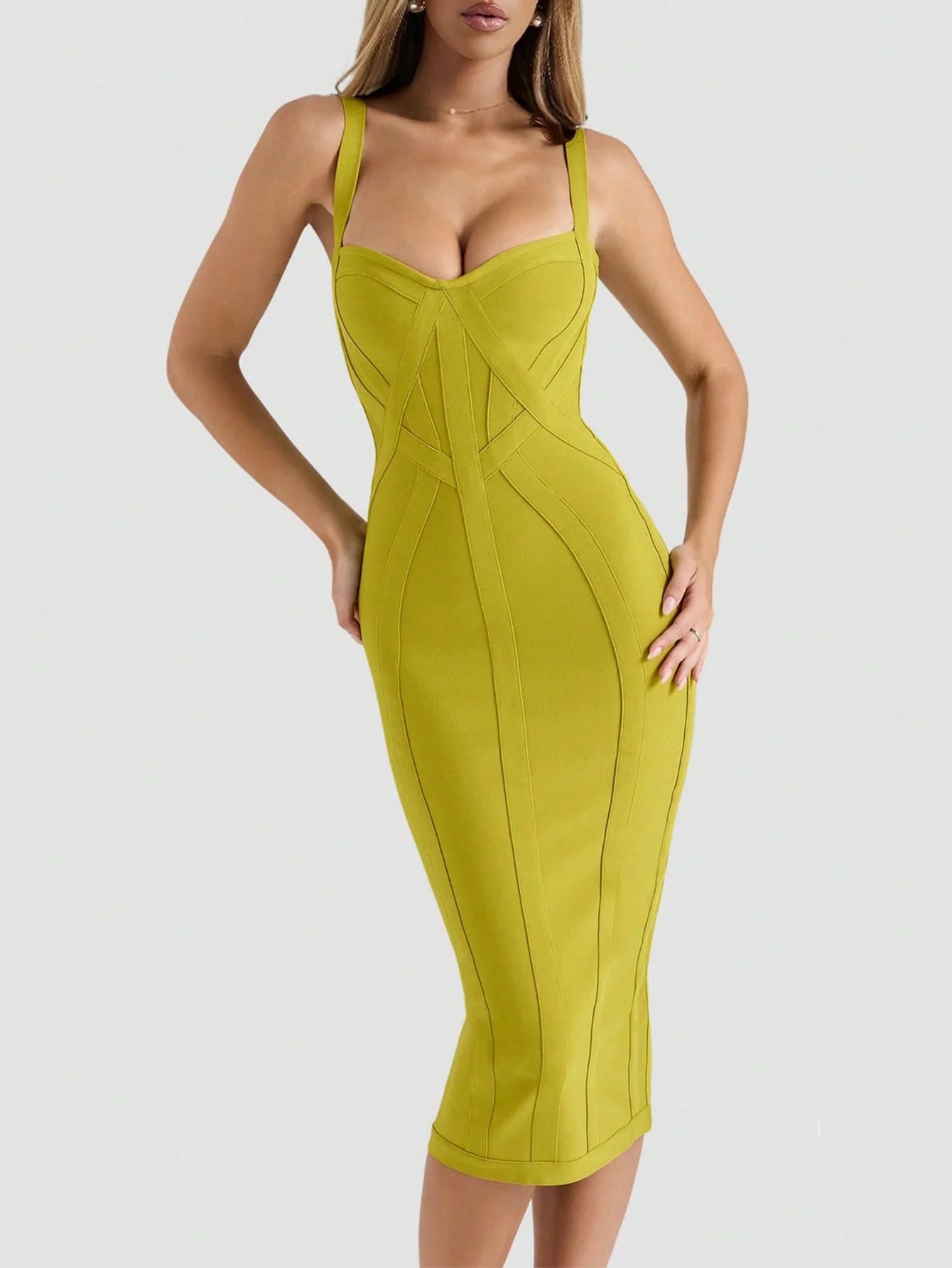 THE ERA Women's Fashion Spring Summer Sexy Elegant Spaghetti Strap Green Midi Ribbed Slit Bodycon Bandage Dress Party Cocktail