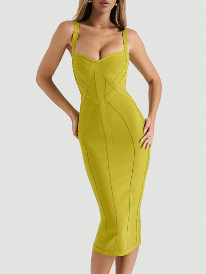 THE ERA Women's Fashion Spring Summer Sexy Elegant Spaghetti Strap Green Midi Ribbed Slit Bodycon Bandage Dress Party Cocktail