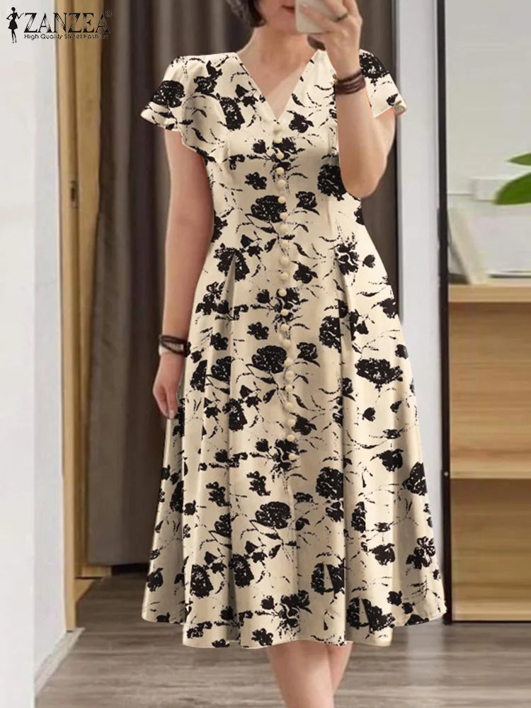 ZANZEA Summer OL Work Ruffle Sleeve Women Midi Dress  Casual Floral Print A-line Vestidos V Neck Waist Party Sundress Oversized