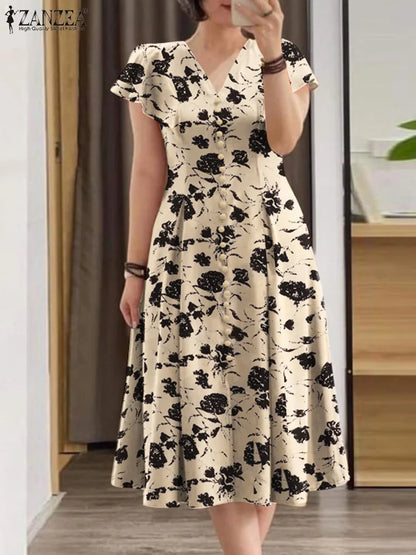 ZANZEA Summer OL Work Ruffle Sleeve Women Midi Dress  Casual Floral Print A-line Vestidos V Neck Waist Party Sundress Oversized