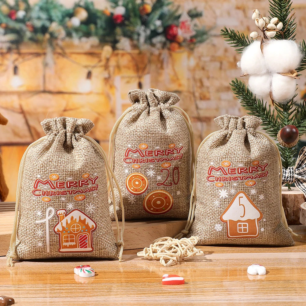 Weihnachts-Adventskalender-Taschen, 24-Tage-Countdown-Set, Süßigkeitentaschen mit Kordelzug, Geschenktüten zum Aufhängen für Party und Heimdekoration