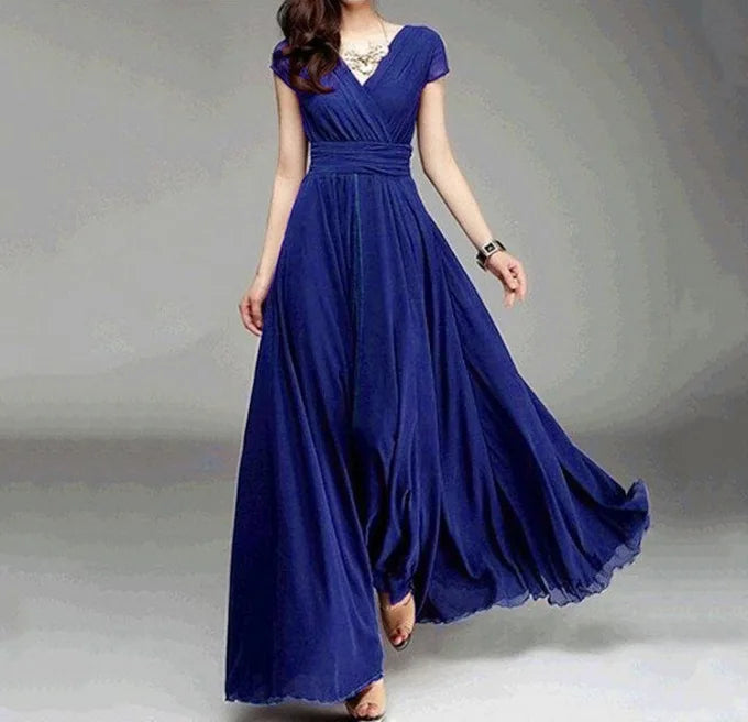 Women's Short-Sleeved Chiffon Evening Dress, Female Party Dress, Monochromatic, Bohemian, Long, Elegant, New, 2022