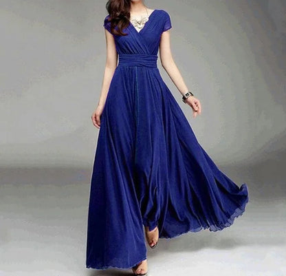 Women's Short-Sleeved Chiffon Evening Dress, Female Party Dress, Monochromatic, Bohemian, Long, Elegant, New, 2022