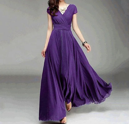Women's Short-Sleeved Chiffon Evening Dress, Female Party Dress, Monochromatic, Bohemian, Long, Elegant, New, 2022