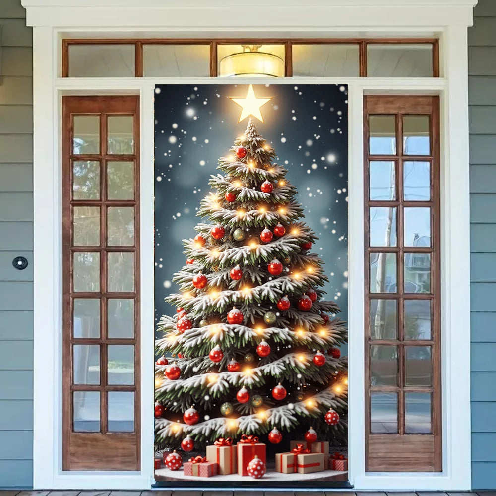 Große Weihnachtsbaum-Muster-Türabdeckung, 185 x 90 cm, Banner, vielseitig einsetzbar, zum Aufhängen, für Zuhause, Outdoor, Dekorationen für Eingänge, Zimmer, Küche