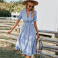 Women Elegant Striped Lantern Sleeve Summer Dress Causal V-neck Button Ruffles Midi Dress 2023 Women Beach Holiday Party Dress