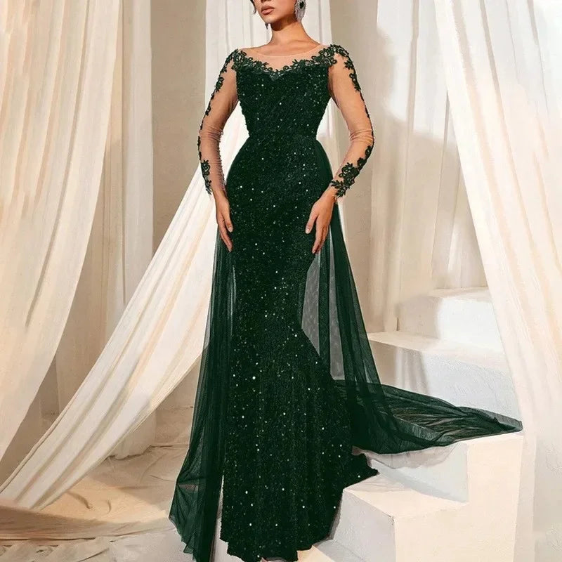 Elegant Long Lace Evening Dress for Women Fashionable Party Ball Gown Floor Length V Neck Polyester Fiber Empire Waist