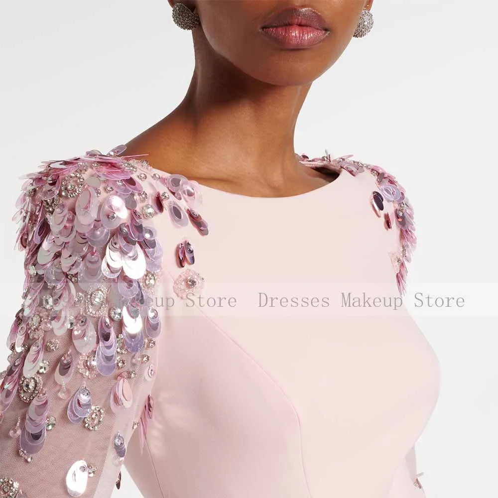 Luxury Evening Dresses for Women Boat Neck Illusion Sequined Full Sleeves Evening Gowns Mermaid/Trumpet Pink Wedding Guest Dress