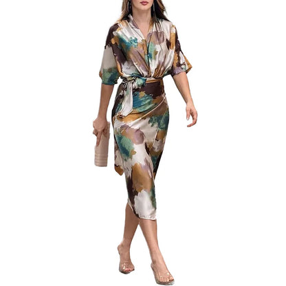 Women's Maxi Dress Summer Casual Office Solid Short Sleeve V Neck Waist Length With Belt Tie Up Slit Party Dresses