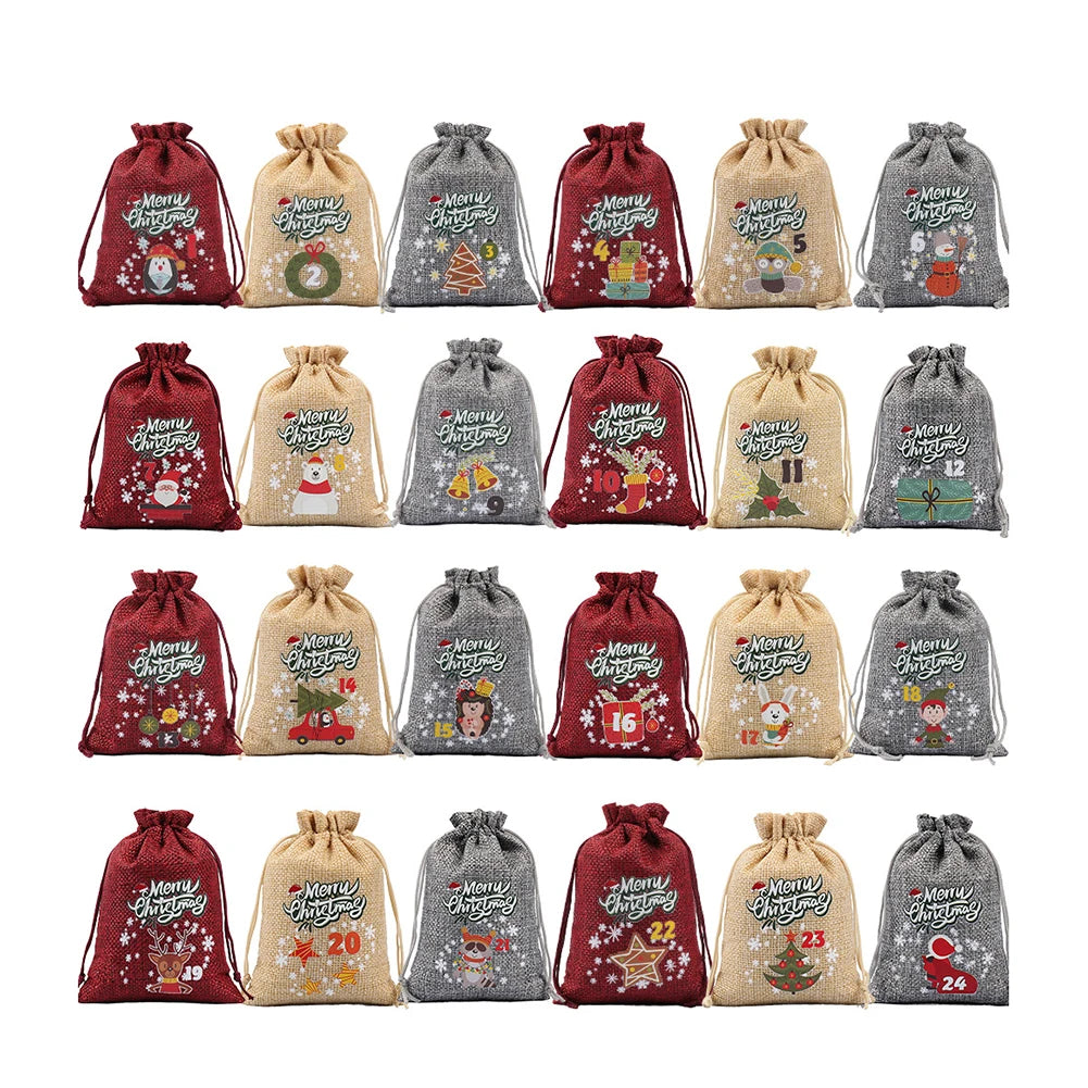 Weihnachts-Adventskalender-Taschen, 24-Tage-Countdown-Set, Süßigkeitentaschen mit Kordelzug, Geschenktüten zum Aufhängen für Party und Heimdekoration