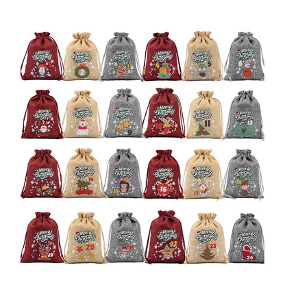 Weihnachts-Adventskalender-Taschen, 24-Tage-Countdown-Set, Süßigkeitentaschen mit Kordelzug, Geschenktüten zum Aufhängen für Party und Heimdekoration