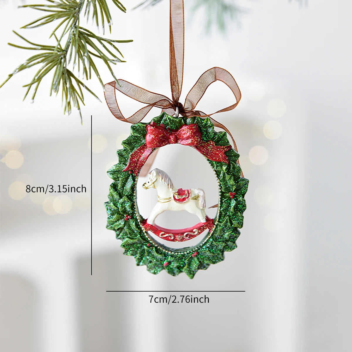 1 weihnachtlicher Schaukelpferdekranz aus Kunstharz, dekorativer Anhänger für Fensterdekorationen für den Innenbereich, festliche Party-Ornamente