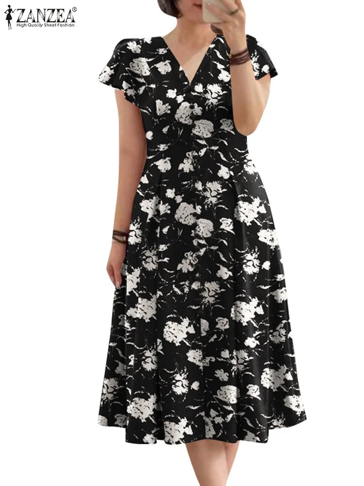 ZANZEA Summer OL Work Ruffle Sleeve Women Midi Dress  Casual Floral Print A-line Vestidos V Neck Waist Party Sundress Oversized