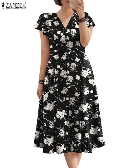 ZANZEA Summer OL Work Ruffle Sleeve Women Midi Dress  Casual Floral Print A-line Vestidos V Neck Waist Party Sundress Oversized