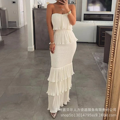 Fashion Summer Womens Dresses 2023 New Tube Top Pleated Ruffled Dress for Women