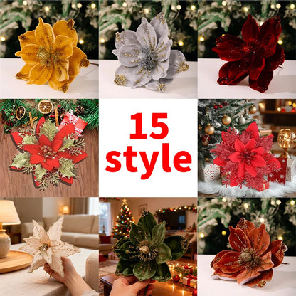 Künstliche Glitzer-Weihnachtsdekoration – Blumen für Weihnachtsbaumschmuck – Gefälschte Blumen – Neujahrs- & Partydekoration – Heimdekoration Weihnachten