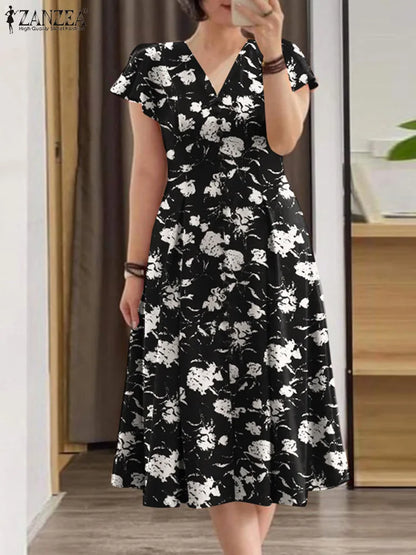 ZANZEA Summer OL Work Ruffle Sleeve Women Midi Dress  Casual Floral Print A-line Vestidos V Neck Waist Party Sundress Oversized