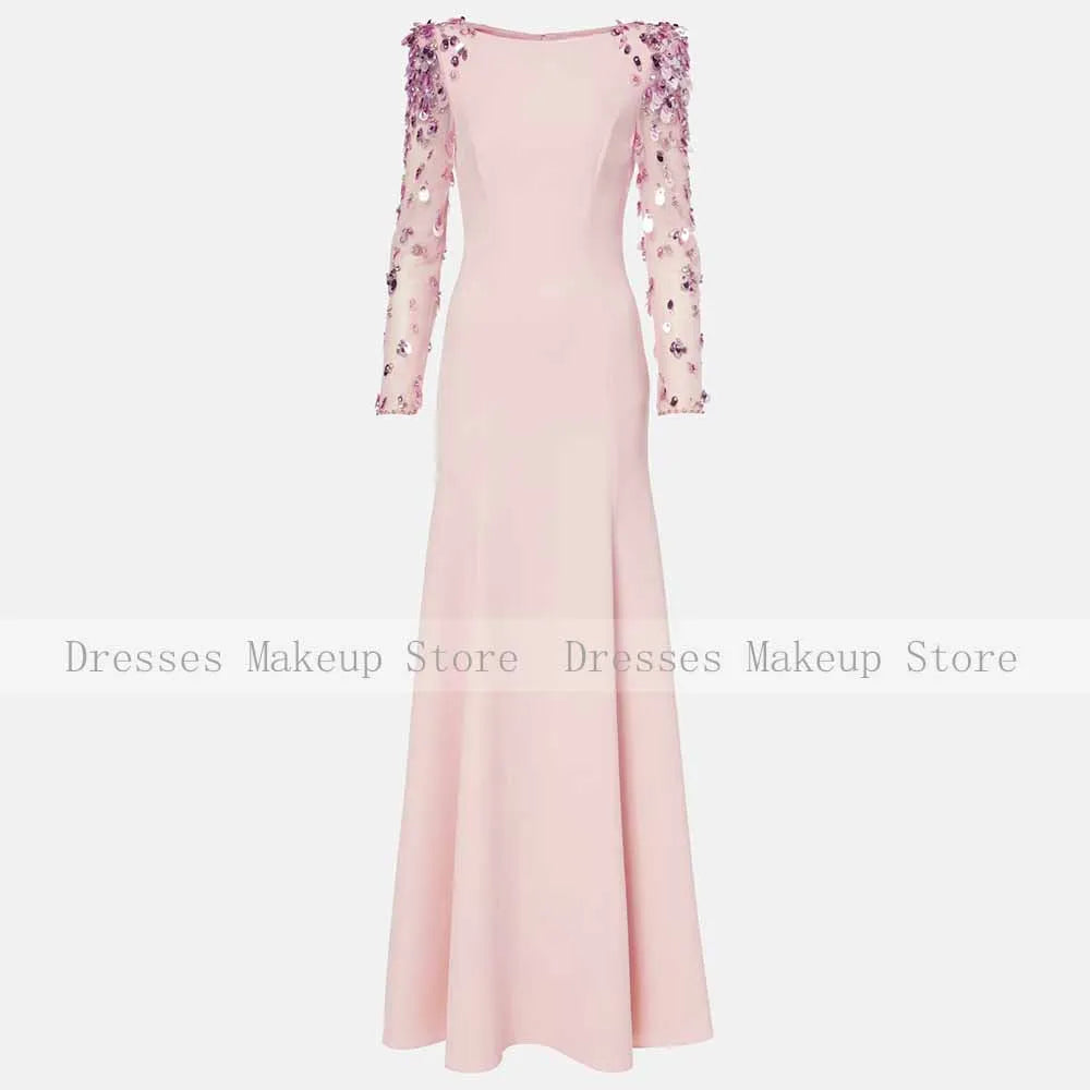 Luxury Evening Dresses for Women Boat Neck Illusion Sequined Full Sleeves Evening Gowns Mermaid/Trumpet Pink Wedding Guest Dress