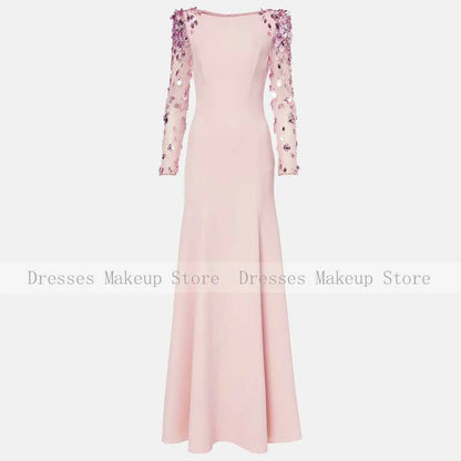 Luxury Evening Dresses for Women Boat Neck Illusion Sequined Full Sleeves Evening Gowns Mermaid/Trumpet Pink Wedding Guest Dress