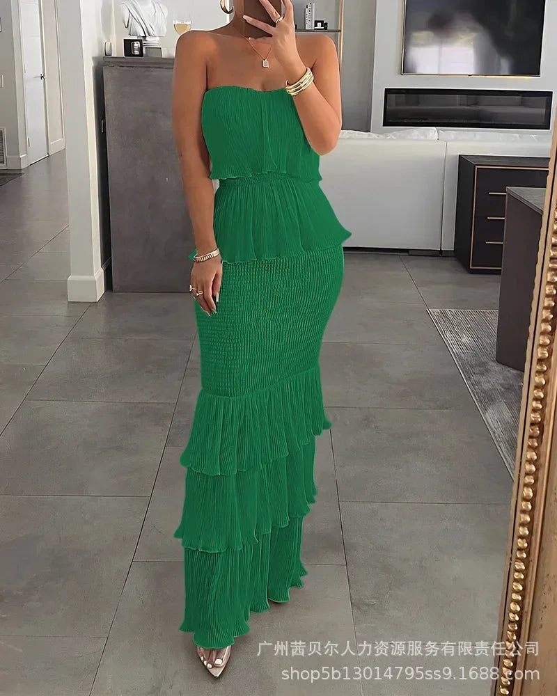 Fashion Summer Womens Dresses 2023 New Tube Top Pleated Ruffled Dress for Women