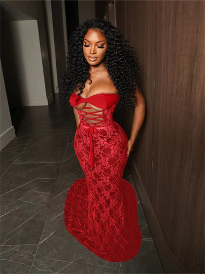 Nibber Lace Sexy Women Maxi Dress Stunning Coquette See Through Patchwork Drawstring Strapless Bodycon Mujer Midnight Club Robe