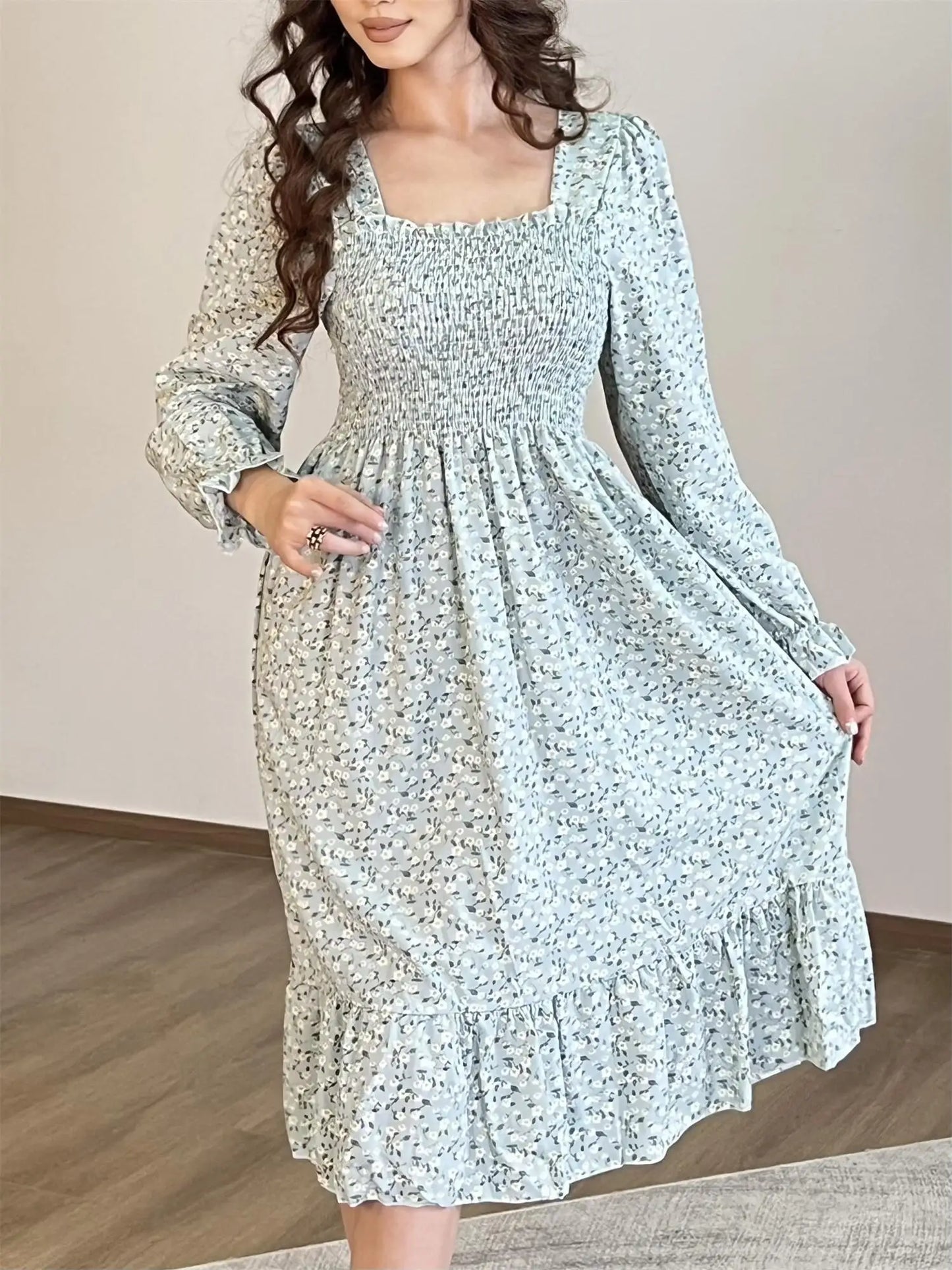 Autumn Spring Casual Dress Women Chiffon Dresses Long Sleeve A-line Printed Floral Elastic Chest Lace Up Midi Dresses Vestidos