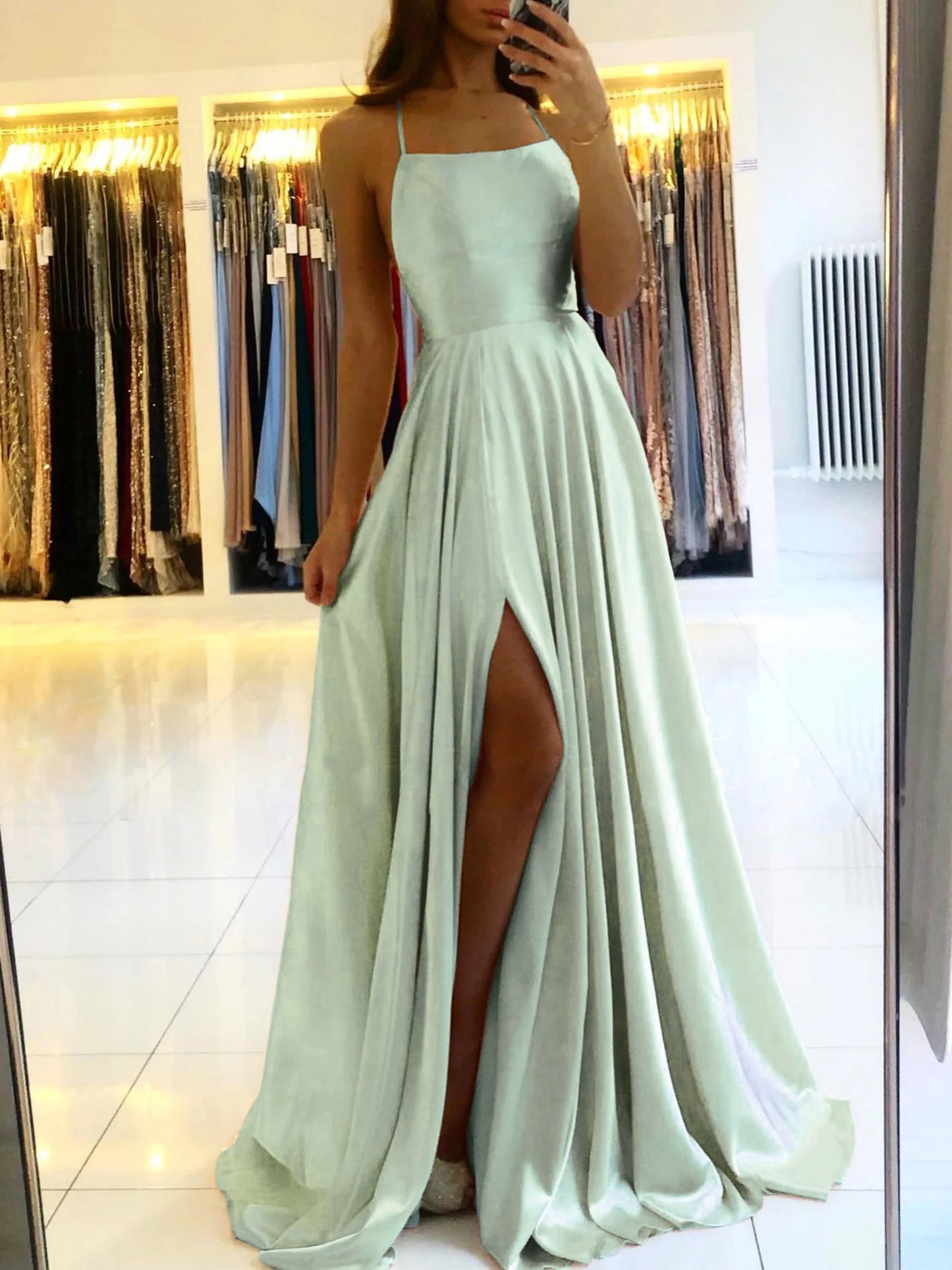 Wedding Prom Party Gowns Sleeveless A-line Long Satin Simple Spaghetti Straps Sexy Slit Vestidos Evening Dresses For Women