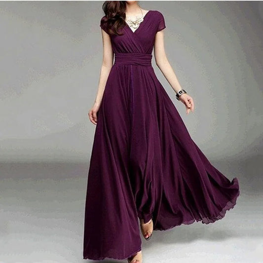 Women's Short-Sleeved Chiffon Evening Dress, Female Party Dress, Monochromatic, Bohemian, Long, Elegant, New, 2022