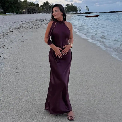 KONDALA Sexy Chic Yellow Women Dress Solid Halter Sleeveless Backless Lace-up Long Vestidos New Fashion 2025 Evening Club Dress