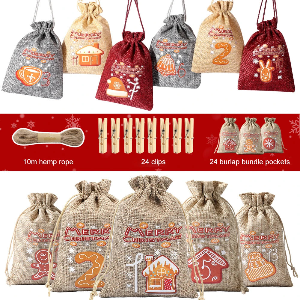Weihnachts-Adventskalender-Taschen, 24-Tage-Countdown-Set, Süßigkeitentaschen mit Kordelzug, Geschenktüten zum Aufhängen für Party und Heimdekoration