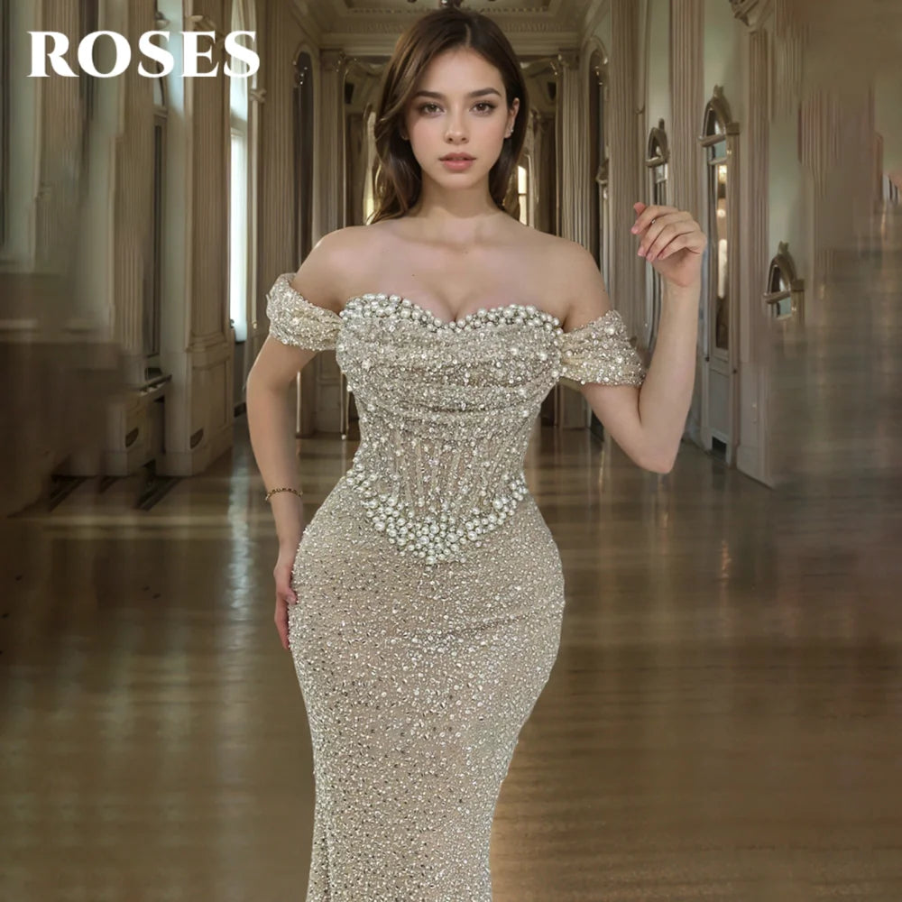 ROSES Pearl Gorgeous Prom Dress Sweetheart Off the Shoulder Hollow Prom Gown with Fishbone Shiny Sequins Formal Gown Customized