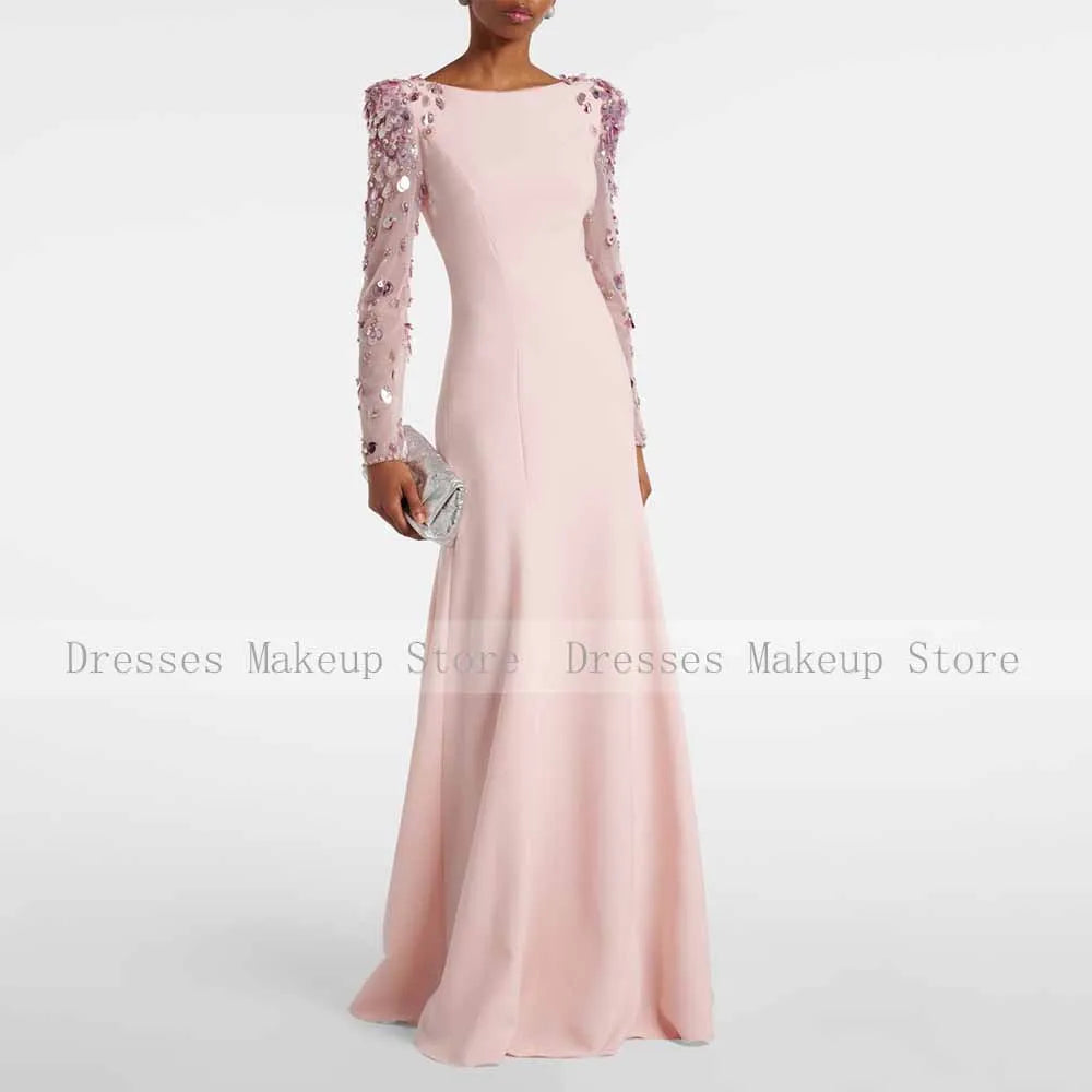 Luxury Evening Dresses for Women Boat Neck Illusion Sequined Full Sleeves Evening Gowns Mermaid/Trumpet Pink Wedding Guest Dress