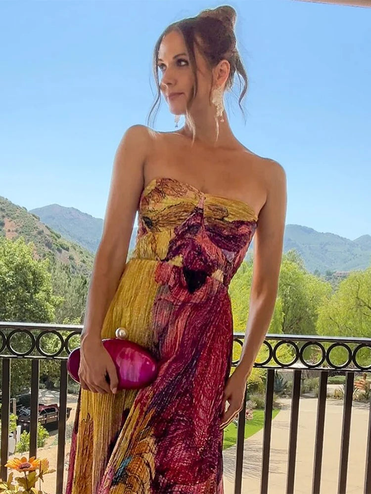 Elegant Printed Long Party Dress Women Strapless Sleeveless Backless Slim Sling Pleated Dresses 2025 Summer Lady Party Robes New